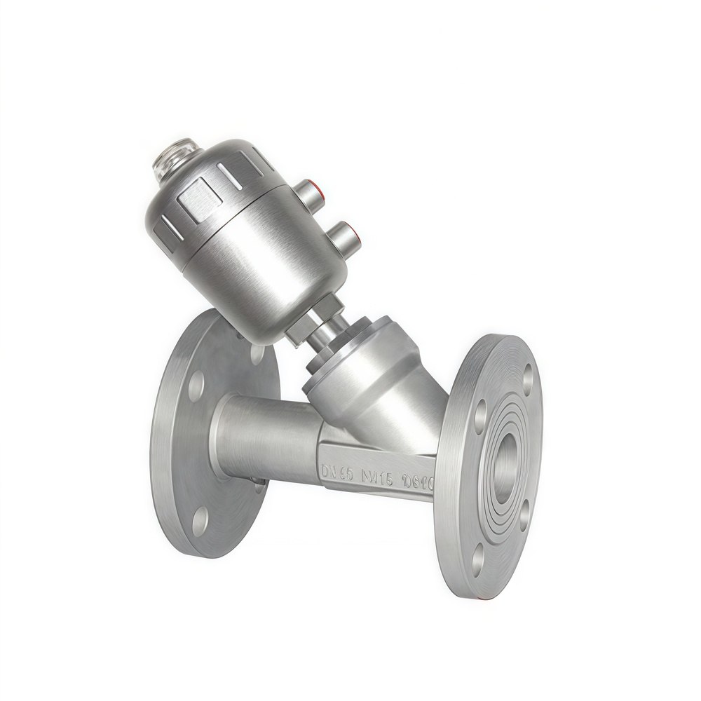 Sanitary Pneumatic Angle Seat Valve with Flanged Ends and Stainless Steel Body
